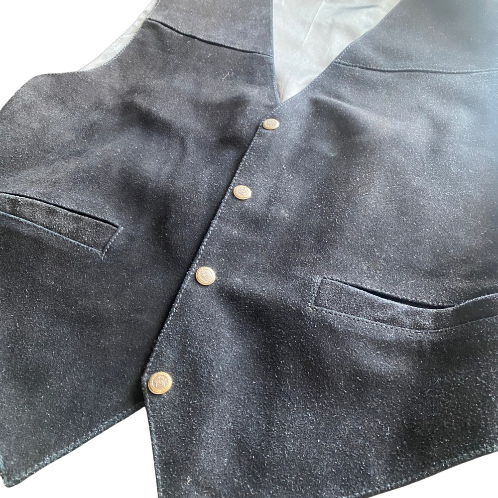 Falls Creek Vest Large Black Suede Leather Western Cowboy Cinch Back Vintage - Picture 2 of 9